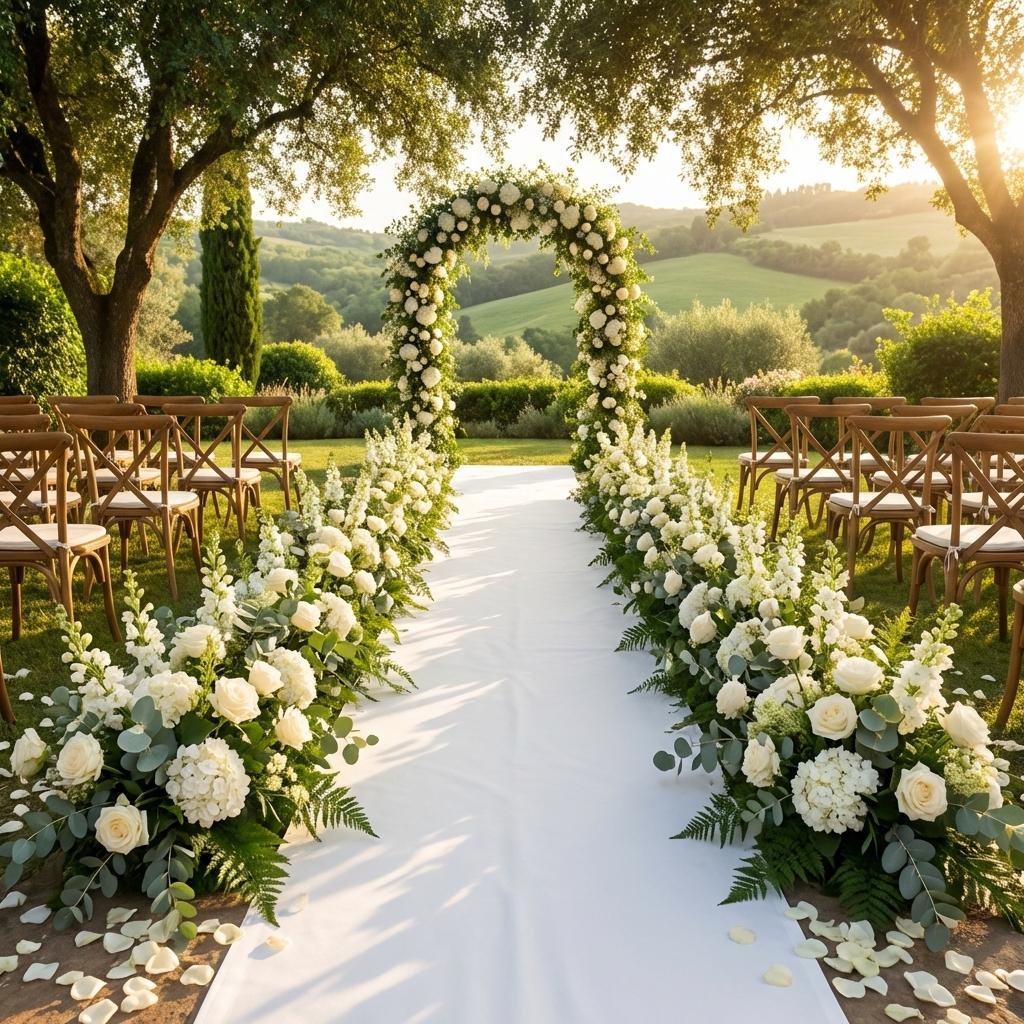 Ceremonia de boda romántica con arco floral y decoración elegante